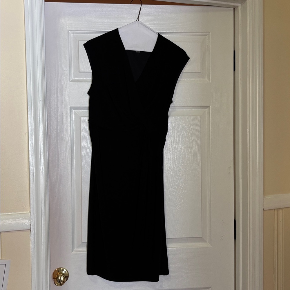 Anne Klein Black Sheath Fitted Stretchy Midi Dress with Crossover V-Neck M